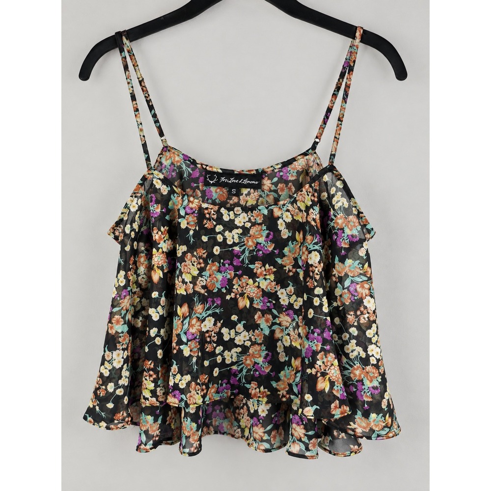 For Love & Lemons Black Floral Chiffon Tiered Ruffle Top Camisole Blouse Small